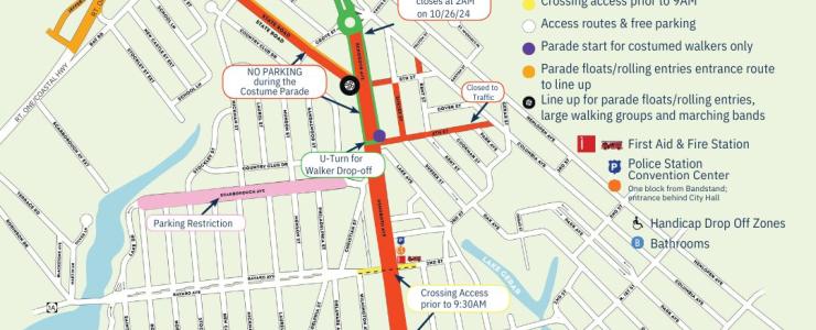 Map showing road closures and parking restrictions for the 2024 Sea Witch festival